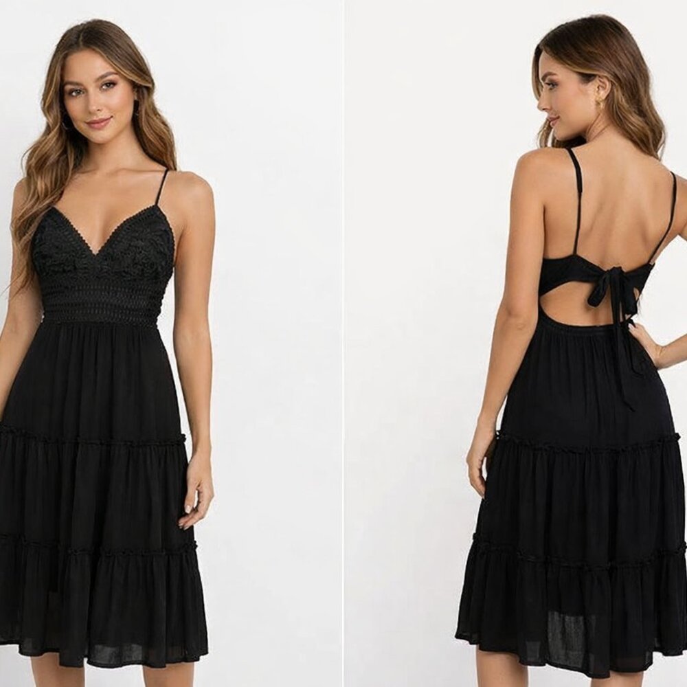 Women's Small Sweetheart Midi Black Embroidery Ruffle Dress Whimsical